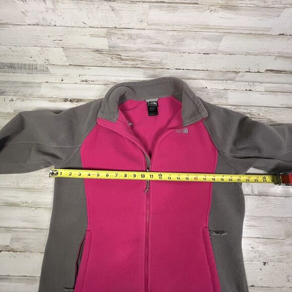 North Face Full Zip Pink Gray Fleece Jacket Logo Pocket Mock Collar Size Large - Picture 8 of 9